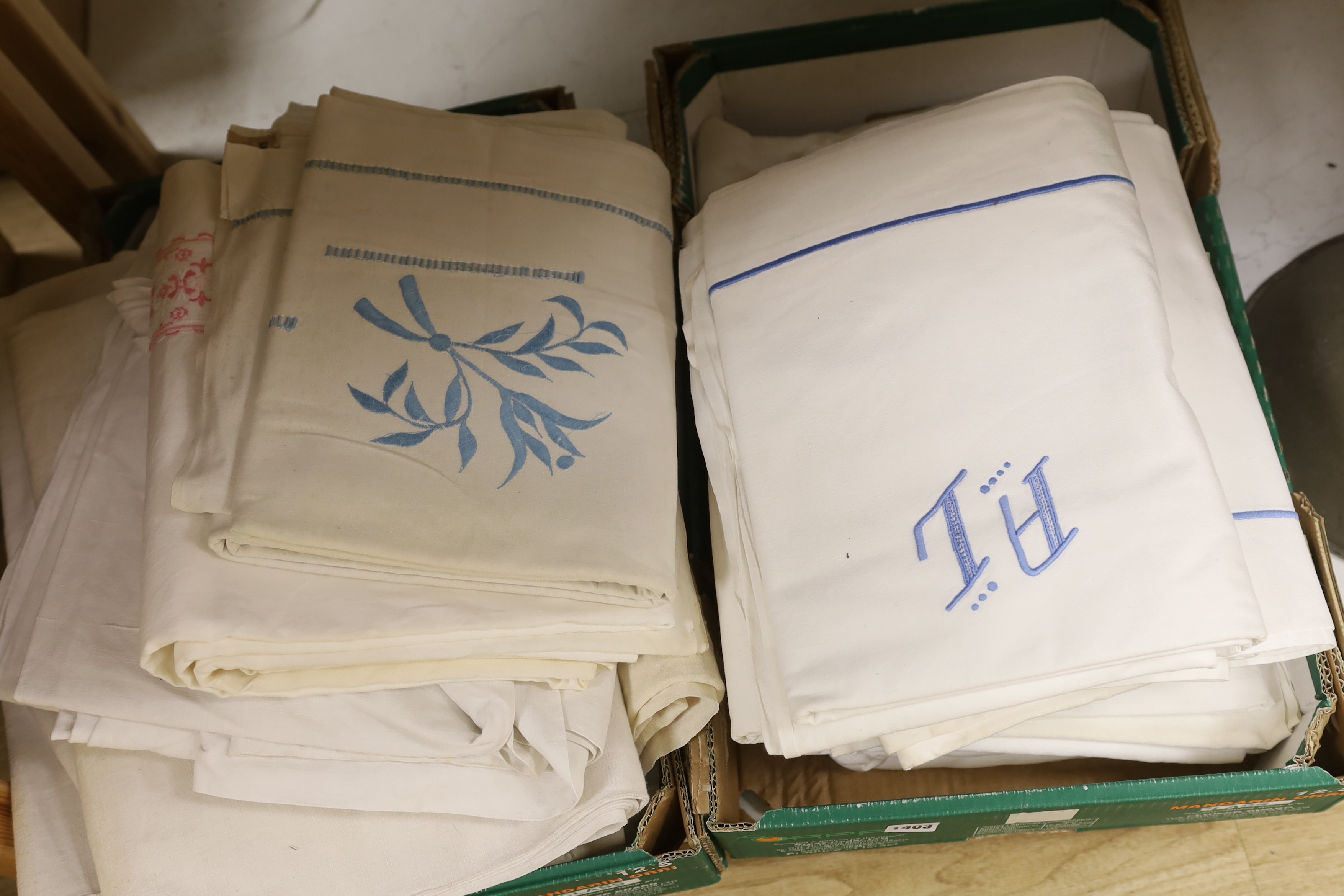 Fifteen French provincial monogrammed or embroidered linen and cotton sheets (2 boxes)